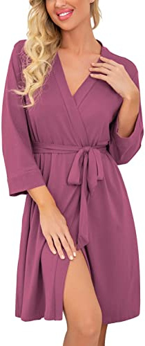 PrinStory Robe de bain longue/courte en tricot pour femme - Kimono doux - Peignoirs pour femmes - Robes de chambre décontractées pour dames, violet/rouge, XL