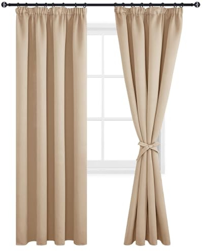 DWCN Rideau Occultant avec Cravates - 2 Rideaux 228x228cm, Beige, Thermiques, Galon Fronceur, Isolant Anti Froid pour Intérieurs