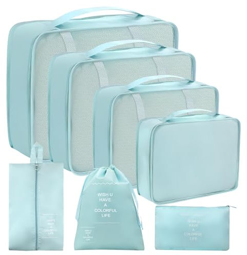RISVOWO 7 Pièces Organiseurs de Bagage pour Voyage, Organisateur Valise Packing Cubes, sacs à vêtements pour valises Vêtements Sous-vêtements, Chaussures et Cosmétiques(Bleu)