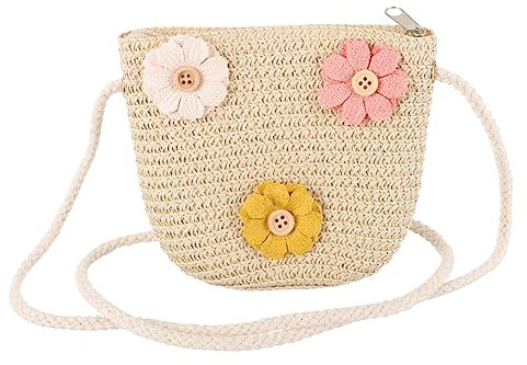 OFFSCH Bolso Bandolera De Paja Mano para Niñas Bolso Cruzado Veraniego Pequeño con Decoración De Flores Bolsa Ligera y Resistente para Adolescentes y Niño Niña para Verano y Uso Diario