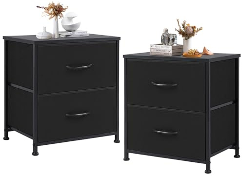 DUMOS Nightstand Set of 2, Small Dresser with 2 Fabric Drawers Side Bedroom End Table Kids Bedside Storage Furniture for 25 inch Tall Night Stand for Closet, Entryway, College Dorm, Classic Black