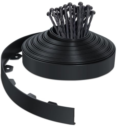 VOUNOT® Borde Jardín Césped Borde Flexible de PVC, Delimitadores de Bordes para Jardín, Bordura Exterior para Tierra Cenefa Parterres con 40 Clavijas, Longitud 20m Altura 5cm, Negro