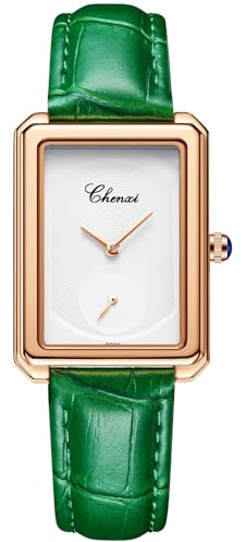 JewelryWe Damenuhr Echtleder Rechteckige Uhr: 30m Wasserdicht Analog Quarz Armbanduhr Damen Grün Echtes Lederarmband Ultradünne Uhr mit Kleinem Sekundenzifferblatt