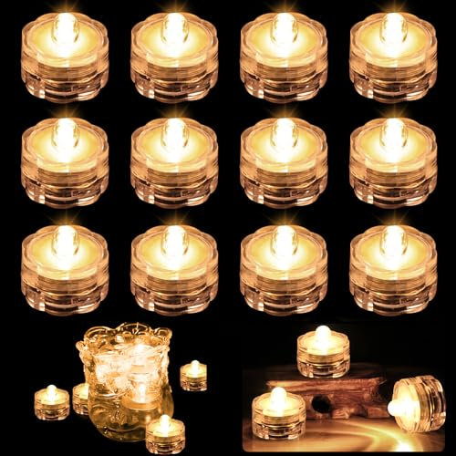 Joycabin 12 luci LED sommergibili, mini luci decorative a LED, impermeabili, senza fiamma, per acquario, giardino, stagno, festa di matrimonio (bianco caldo)