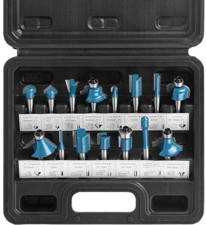 ONEVAN 15tlg Fräser für Oberfräse, Ø 6.35 mm Schaft (1/4) Kohlenstoffstahl Holzfräser Fräser Fräskopf Fräsbohrer für Holz DIY, im Kunststoffkassette