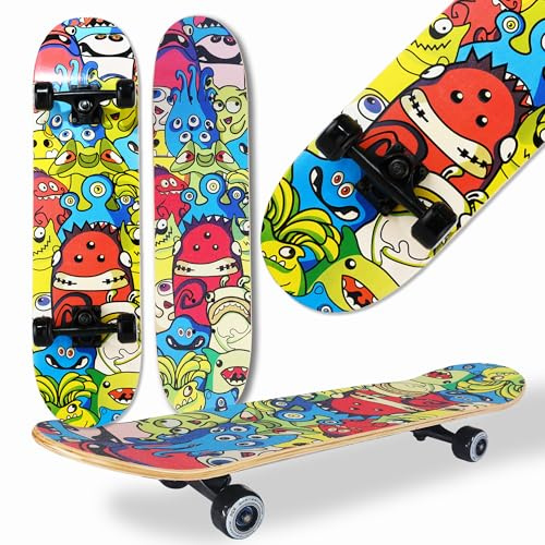 WeLLIFE Skateboard Completo per Principianti, Skateboard Bambini, Giovani e Adulti, Skate Serie RGX in Legno 80x20 cm in 9 Strati d’Acero Concavo Double Kick, Cuscinetti Abec-7, Disegno su Grip Tape