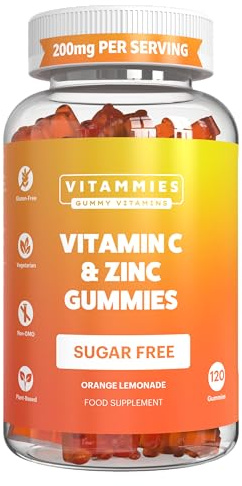 Vitammies Vegan Sugar Free Vitamin C and Zinc Gummies – Chewable Orange Lemonade Flavor Gummies Vitamins Adults and Kids – 200mg Vitamin C Per Serving for Daily Wellness (120 Units)