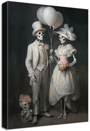 Wooden Framed Canvas Wall Art Halloween Bride and Groom Painting on Canvas Prints Poster Black White Skeleton Wedding Photos Pictures for Living Room Dining Room Bar Hallway Wall Decor 30x40cm