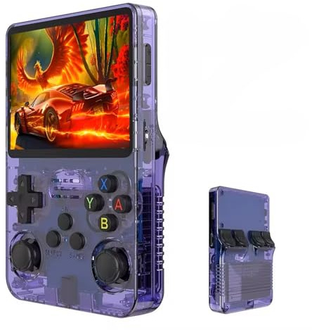 R36S - Consola de mano videojuegos retro, pantalla IPS de 3,5 pulgadas, reproductor de vídeo, tarjeta TF de 64 GB, más de 10 000 juegos, sistema Linux de código abierto, emulador, mini, gaming, morado