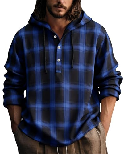 Generico Camicia Uomo Cotone Lino con Cappuccio, Camicie Righe Flanella Quadri da Lavoro Scozzese con Collo Button Down Casual Felpa Comfort Leggera Maniche Lunghe