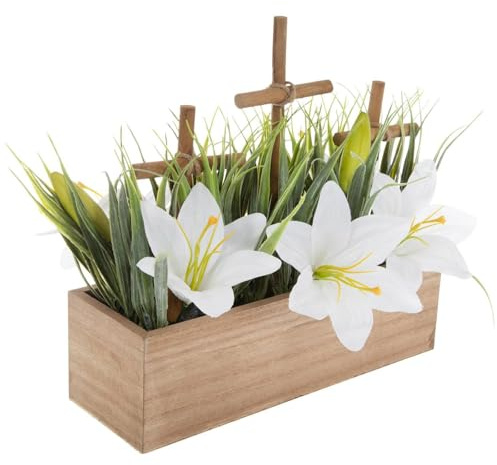 Hobby Lobby Easter Lily and Cross Arrangement in Wooden Planter, White Lilies with Green Grass, Rustic Spring Decor, 11.75 H x 13 W x 9.5 D