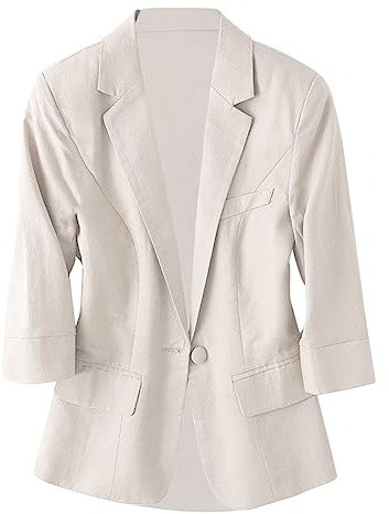 Generisk sommarblazer dam lätt 3/4-ärm linne kavaj dam business kort blazer sportig kostymjacka öppen front blazer ledig affärsblazer elegant linneblazer midja sommarjacka, Wh2, XL