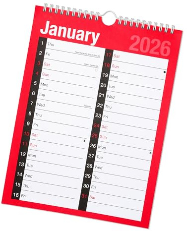 2026 Calendar Month To View A4 Large 2 Column Spiral Bound Wall Planner 120 GSM Paper