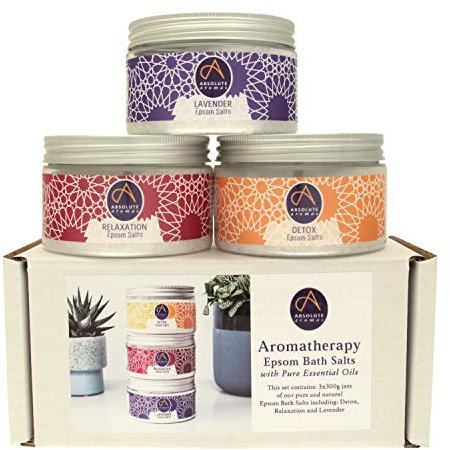 Absolute Aromas Set de paquete de sales de baño relajantes de Epsom - 3 x 300 g de lavanda, desintoxicación y relajación - Sulfato de magnesio infundido con aceites esenciales 100% puros