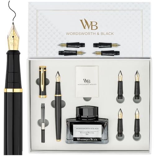 Wordsworth & Black Füllfederhalter-Geschenkset, inkl. Tintenflasche, 6 Tintenpatronen, Tintennachfüllkonverter, 4 Ersatzfedern, Premium-Paket, Kalligraphie, Stifte mit sanftem Schreiben [Schwarzgold]