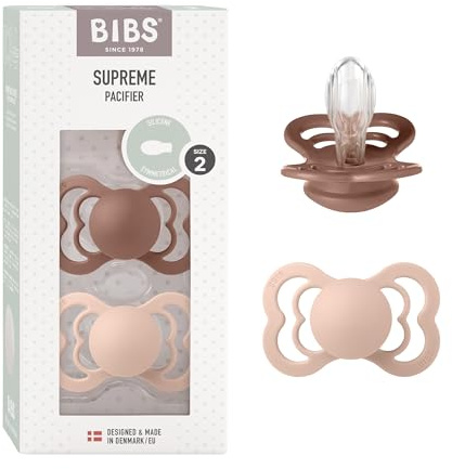 BIBS Supreme Dummies 2-Pack, BPA Free Dummy Pacifier, Silicone Symmetrical Nipple Soother, Size 2 (6-18 Months), Woodchuck/Blush