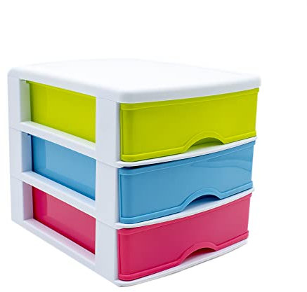 CABLEPELADO Torre de almacenamiento con 3 cajones sobremesa, Organizador de escritorio, Caja de almacenamiento de escritorio,18 cm alto x 17.7 cm ancho x 21.5 cm fondo, Blanco y cajones multicolor