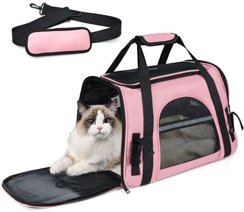 Sac Transport Chat Chien, Caisse de Transport Chat Respirant, Cage Transport Pliable avec Tapis Amovible, Panier de Transport avec Bandoulière Réglable Démontable, Sac a Main Chat pour Voyage