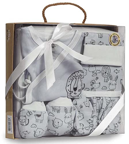 Various Set Regalo Primera Puesta Bebé Recién Nacido 5 Piezas, Conjunto 0-6 Meses con Chaquetita, Polaina, Gorro, Babero y Manoplas, Viscosa de Bambú y Algodón, Modelo Animales Gris