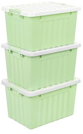 Cetomo 15L*3 Cajas de Almacenamiento con Tapas, Contenedores de Plástico con Broches de Enganche, Clip On, Apilables, Encajables, Organizador Rayado para Ropa Juguetes Armario, Verde, 15L-3 Pack