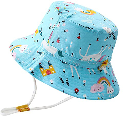 Rayson Barn solhatt hatt brett brätte strandhatt med justerbar hakrem barnhatt barn tecknat tryck buckethatt, Blå enhörning, one size