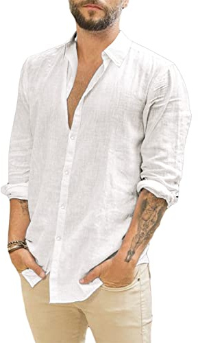 Runcati Camicia da Uomo a Maniche Lunghe in Lino con Colletto rovesciato, Camicia Casual da Lavoro, Camicia Estiva, Bianco, XL