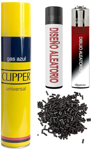 Clipper 2 Mecheros + Botella Gas Atomic Azul 300 ml para Recargar Soplete de Cocina + 9 Piedras de Clipper Mechero de Regalo Kit DISPAU Esencial