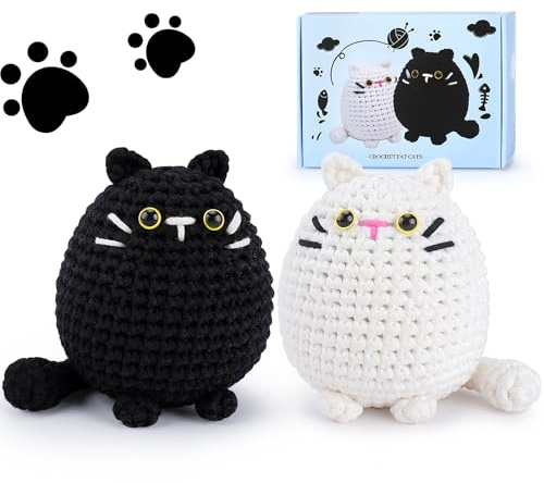 Crochet Kit for Beginners Animal Cat Crochet Kit for Adults Kids, Knitting Kits Complete Crochet Set with Step-by-Step Video Tutorials Crochet Animal Kit Surprise Gift Black White Cat Halloween Decor