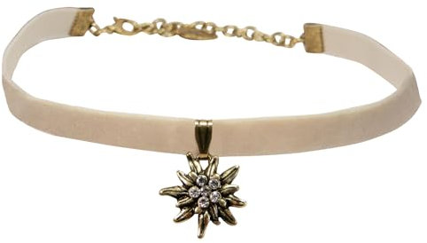 Alpenflüstern Trachten-Samt-Kropfband Strass-Edelweiß klein antik-gold-farben - Trachtenkette enganliegend und schmal, Kropfkette elastisch, Damen-Trachtenschmuck (beige-nude) DHK240