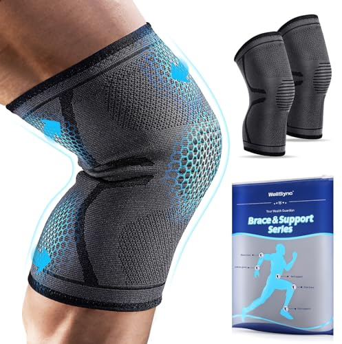WellSync Genouillère Sport Homme Femme Compression Arthrose Genou Ligamentaire Ménisque Fissuré Maintien Knee Support Genoux Protection Antidérapant Respirant pour Jogging Fitness, Paquet de 2
