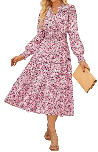 Grace Karin Blomklänning för kvinnor, ledig V-ringad med volang, A-linje, lång klänning, Svart och rosa, M