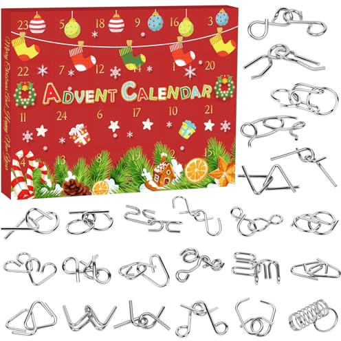 JEDWKFA Adventskalender 2025 Pussel, adventskalender, pusselspel för barn och vuxna, pusselleksaker som kan låsas upp, 24 metallpussel, för pojkar, flickor och tonåringar