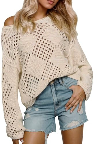 Vhersily 2025 Maglia Traforata da Donna Pullover Maglioni Manica Lunga Solido Leggero Loose Texture Knit Camicie, per Le Mezze Stagioni, Business, da Lavoro, Versatili per Look, per Autunno e Inverno