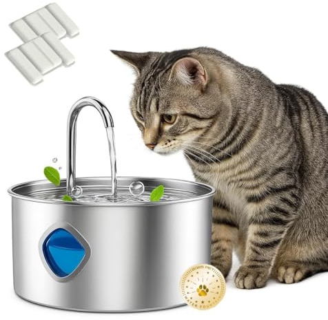 Fuente de Agua para Gatos Acero Inoxidable, Fuentes Diseño de Grifo con 2 Filtros, 3.2 L Fuentes de Agua Automática y Silenciosa de Gran Capacidad Fácil de L (Carga USB)