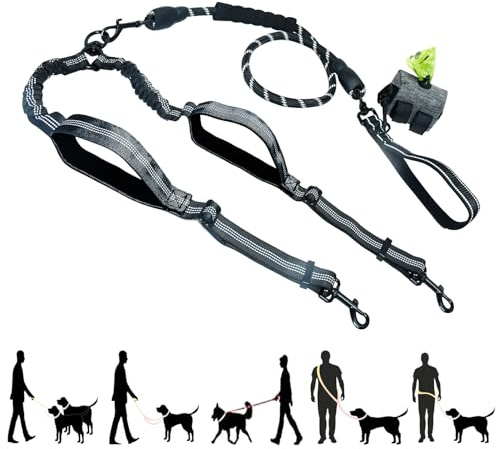 Tiesenci Dubbel Hundkoppel Handsfree Ryckfri Bungee Svart Stora Hundar | Midja/crossbody, bilbälte, 4 vadderade handtag, reflekterande remsor, trasselfri svivel