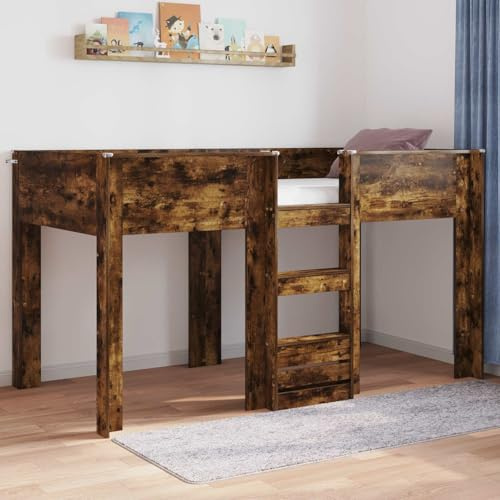 YunCangg Golvsäng för barn rökt ek trämaterial 100 x 200 cm med madrass, platsbesparande dubbelsäng för barnrum, säker konstruktion, modern design
