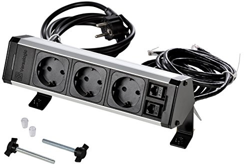 Kopp VersaDESK 939628014 - Regleta de 2 Conectores RJ-45/11 Cat 6 UTP, Cable de conexión y 2 m de Cable de Datos, IP20, 3400 W, 250 V, Negro/Aluminio anodizado, 3 Tomas + 2 RJ45