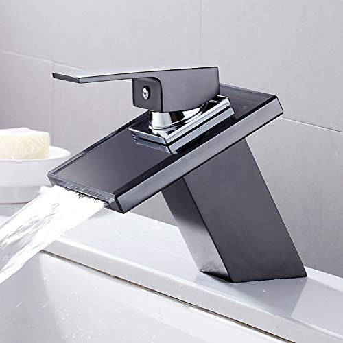 Robinet mitigeur cascade pour lavabo - Chrome - Moderne - Levier de salle de bain - Bec en verre - Poignée unique - Noir