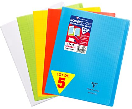 Clairefontaine 984450AMZC Lot de 5 Cahiers Agrafés Koverbook - 24x32 cm - 48 Pages Grands Carreaux - Papier Blanc 90 g - Couvertures Polypro Couleurs assorties (Bleu, Vert, Rouge, Jaune et Incolore)