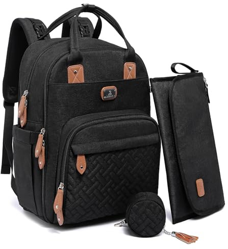 Dikaslon Diaper Bag Backpack with Portable Changing Pad, Pacifier Case and Stroller Straps, Large Unisex Baby Bags for Boys Girls, Multipurpose Travel Back Pack Moms Dads, Black
