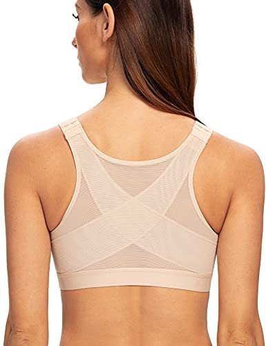 MELENECA Women's Front Fastening Wirefree Post Surgery Plus Size Back Support Posture Bra Beige 36G