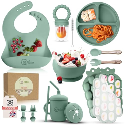 O'doe Baby Weaning Set – 15 Pcs Silicone Baby Feeding Set with Suction Plate, Bowl, Bib, Sippy Cup, Fruit Feeder, Freezer Tray – Baby Plates and Bowls Set – Green– BPA Free