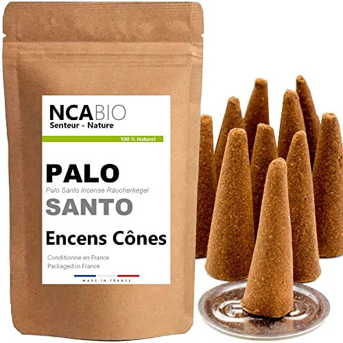 NCA - 10 coni di incenso con profumo palo santo, 100% naturale rilassamento meditazione purificazione + bruciatore porta incenso in omaggio