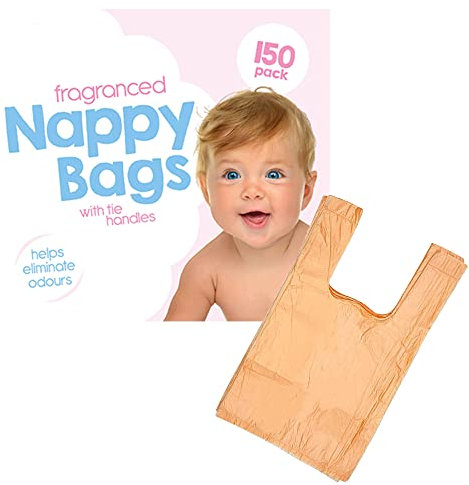 150 Coloured Nappy Bags with Tie Handles, Fragranced for Eliminating Odours, Durable and Leak-proof, Light-weight and Perfect for Babies Travel Bags