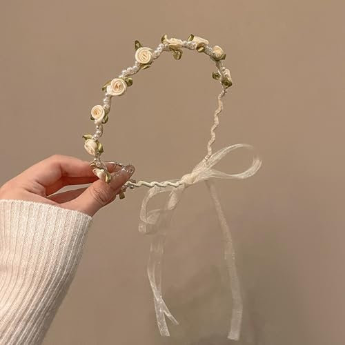 Stirnband, Haarschmuck für Frauen Mädchen, Mode Blumenmädchen Stirnbänder Haarband Blume Kopfbedeckung mit Perlenperlen, Beige