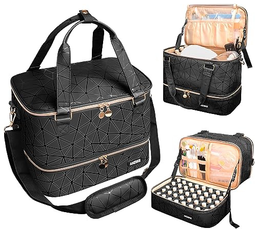 ahzske Nail Polish Organizer Bag Holds Nail Lamp& 50 Bottles (15ml/0.5fl.oz), PU Leather Nail Supplies Organizer Case with Shoulder& Holder Strap, Travel Nail Kit Storage for Manicure Tools (Black)