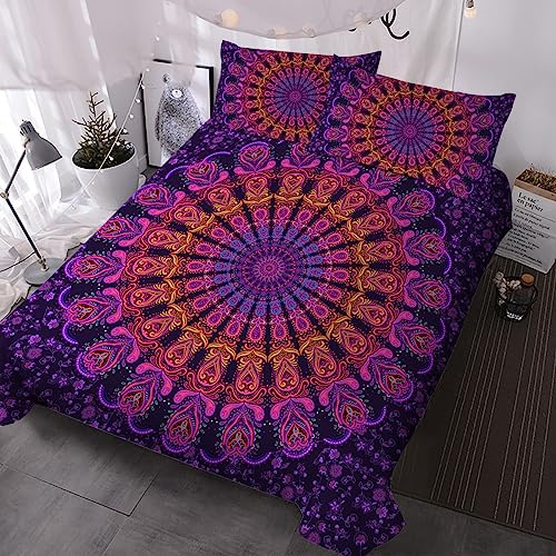 BlessLiving Purple Mandala Quilt Cover Colorful Boho Duvet Cover Bohemian Bedding Set Single Size Set 3 Piece Pink Red Bohemian Bedset