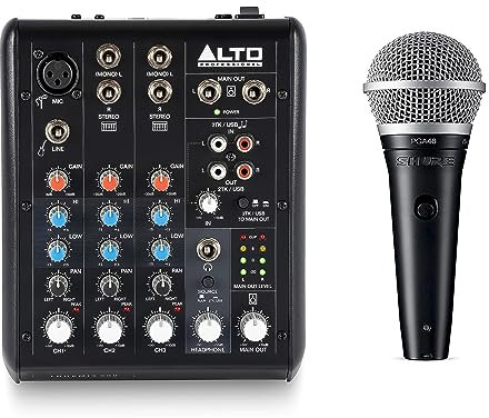 Shure PGA48 Dynamic Microphone for Vocals with Cardioid Pick-up Pattern, Discrete On/Off Switch, 15' XLR-to-XLR Cable and Alto TrueMix 500-5-In Audio Mixer with XLR Mic In and USB Audio Interface