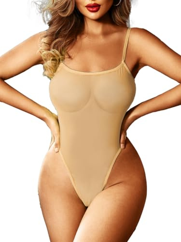 Kaei&Shi Mesh Bodysuit For Women,Spaghetti Strap Backless High Cut Sexy Body Suit,One Piece Sheer Top Rave Outfits Club Date,Beige,Small