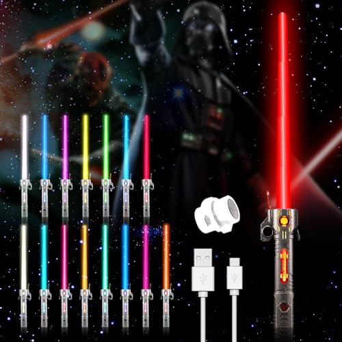 CJBIN Laser-svärd för barn, RGB 15 färger Star Wars lightsaber med simulerade ljudeffekter, lysande svärd, 2-i-1 infällbar (svart handtag)